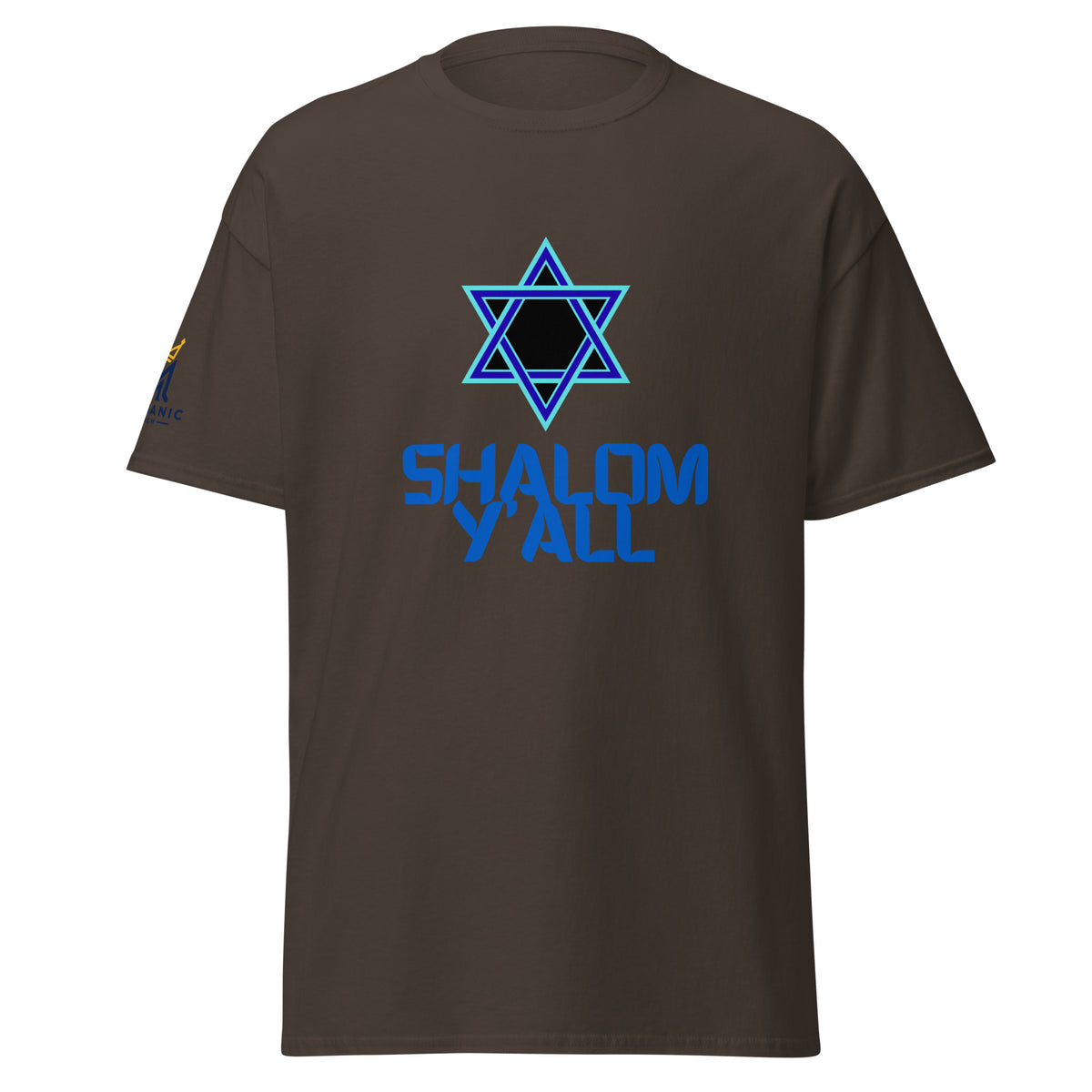 Dark Chocolate | Front view of men’s Shalom Y’all T-shirt featuring a blue Star of David graphic, bold blue lettering, and Messianic Merch logo printed on the sleeve.