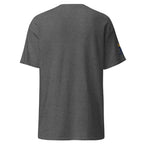 Dark Heather | Back view of the Yeshua King T-shirt featuring Messianic Merch sleeve logo blank back.