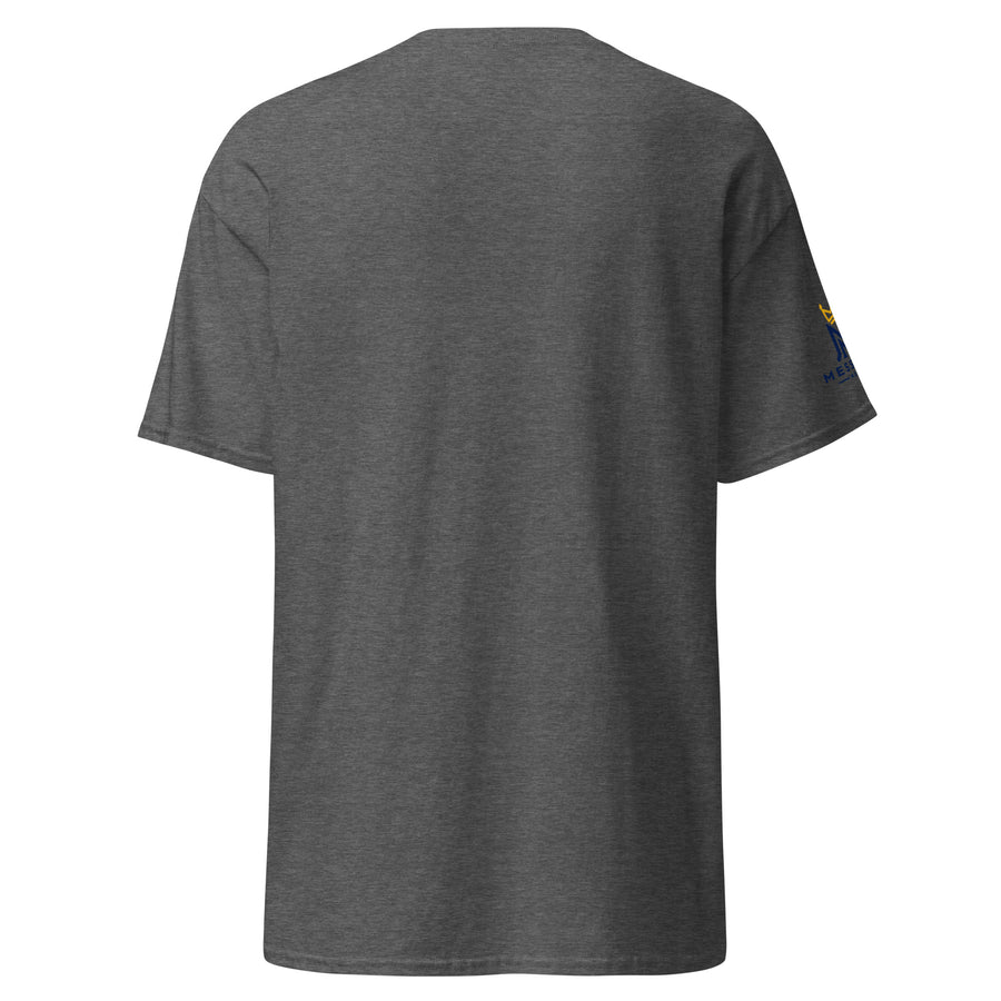 Dark Heather | Back view of the Yeshua King T-shirt featuring Messianic Merch sleeve logo blank back.