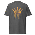 Dark Heather | Front view of Yeshua King T-shirt featuring ישוע in Hebrew beneath a gold dripping crown with a Messianic Merch logo printed on the sleeve.