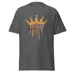 Dark Heather | Front view of Yeshua King T-shirt featuring ישוע in Hebrew beneath a gold dripping crown with a Messianic Merch logo printed on the sleeve.