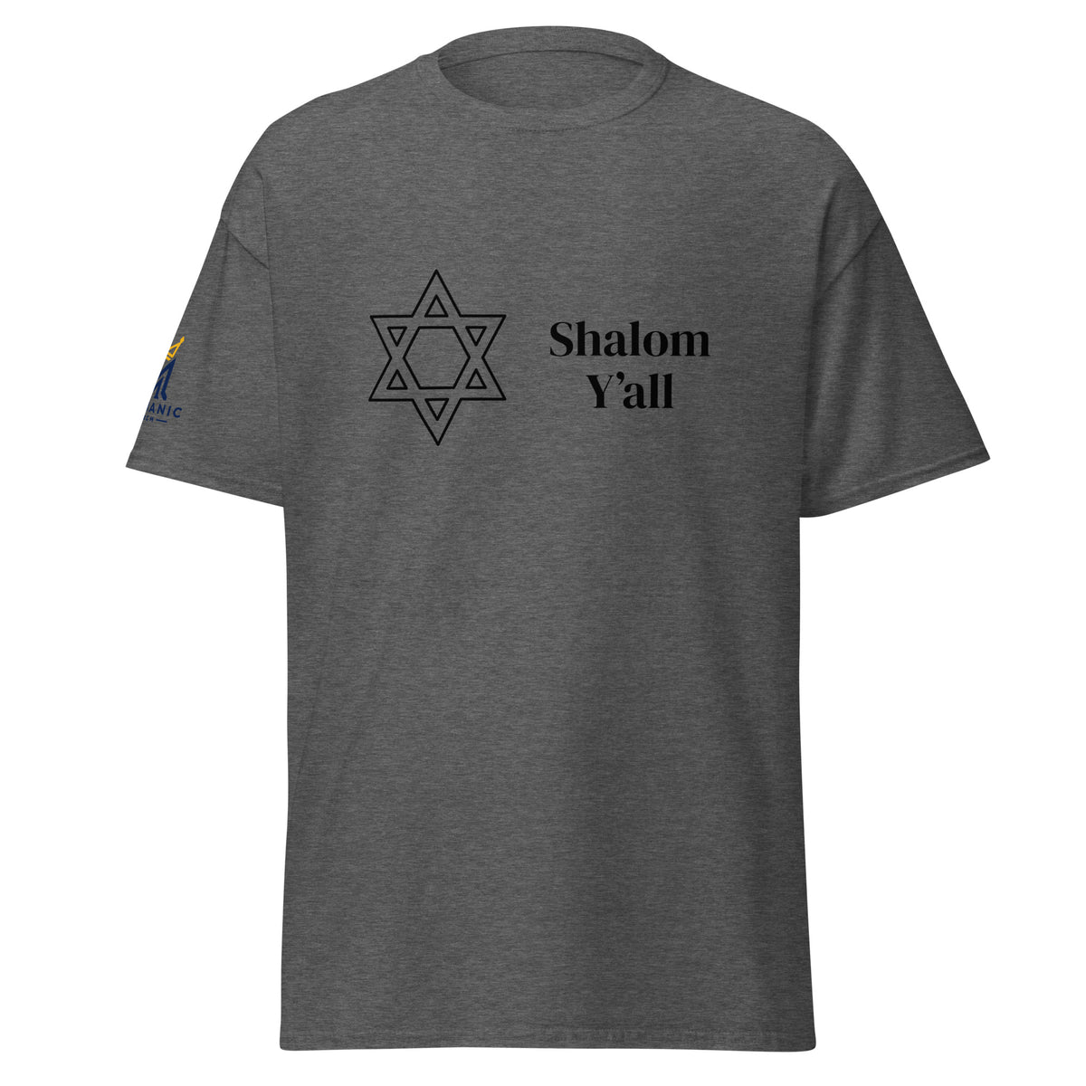 Dark Heather | Front view of Shalom Y'all unisex T-shirt featuring a Star of David graphic and Messianic Merch logo printed on the sleeve.