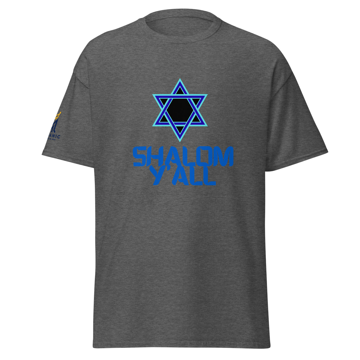 Dark Heather | Front view of men’s Shalom Y’all T-shirt featuring a blue Star of David graphic, bold blue lettering, and Messianic Merch logo printed on the sleeve.