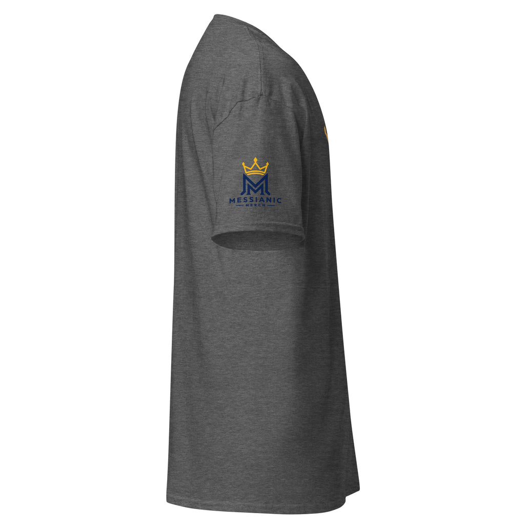Dark Heather | Right close up of Men's Yeshua King T-shirt sleeve and Messianic Merch sleeve logo.