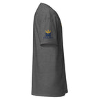 Dark Heather | Right close up of Men's Yeshua King T-shirt sleeve and Messianic Merch sleeve logo.