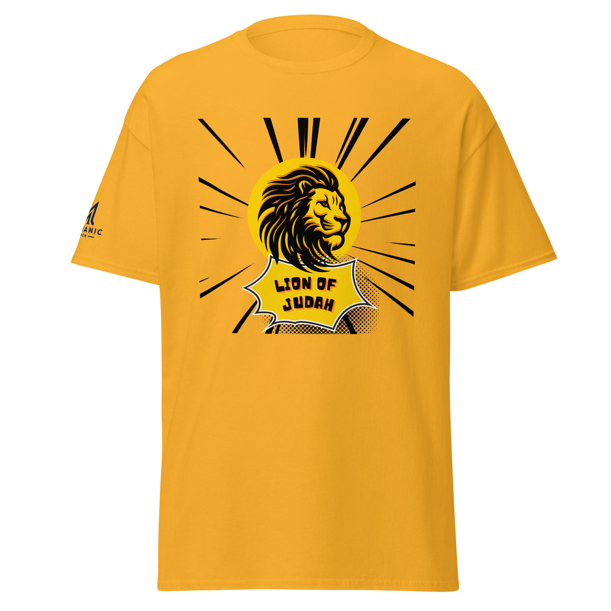 Gold | Front view of the men's Lion of Judah faith T-shirt featuring a bold gold and black lion graphic with radiating lines and Messianic Merch sleeve logo.