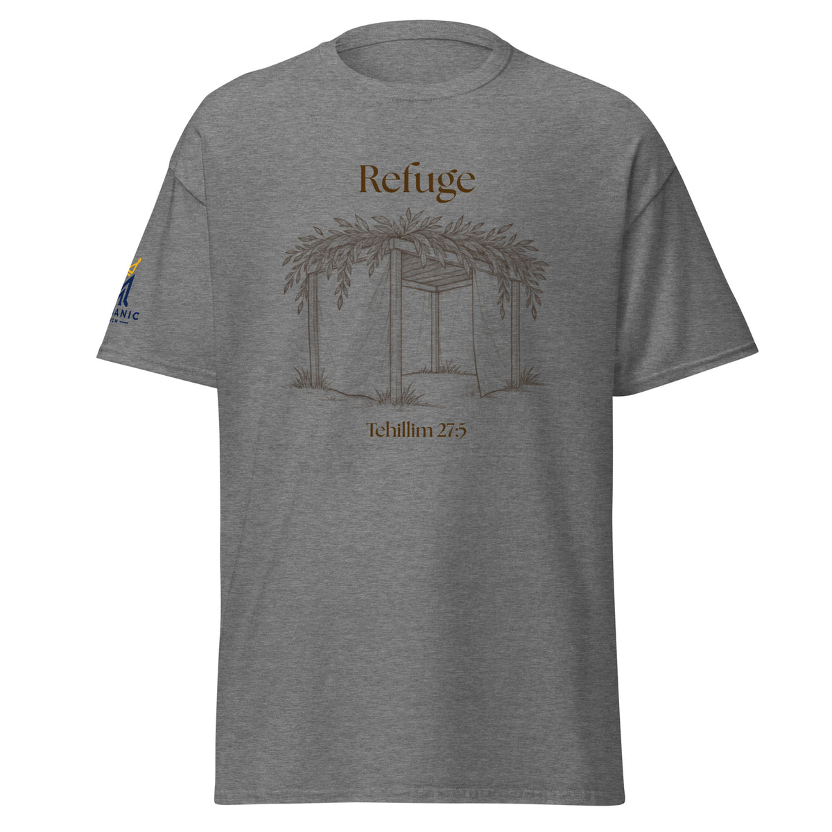 Graphite Heather | Front of Refuge Sukkot shirt design with hand-drawn sukkah and Tehillim 27:5