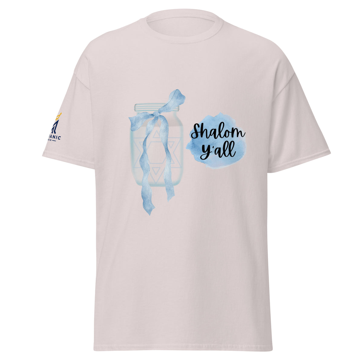 Ice Grey | Front view of the Shalom Y'all women's T-shirt featuring a mason jar with Star of David, blue watercolor bow and accents, and Messianic Merch sleeve logo.