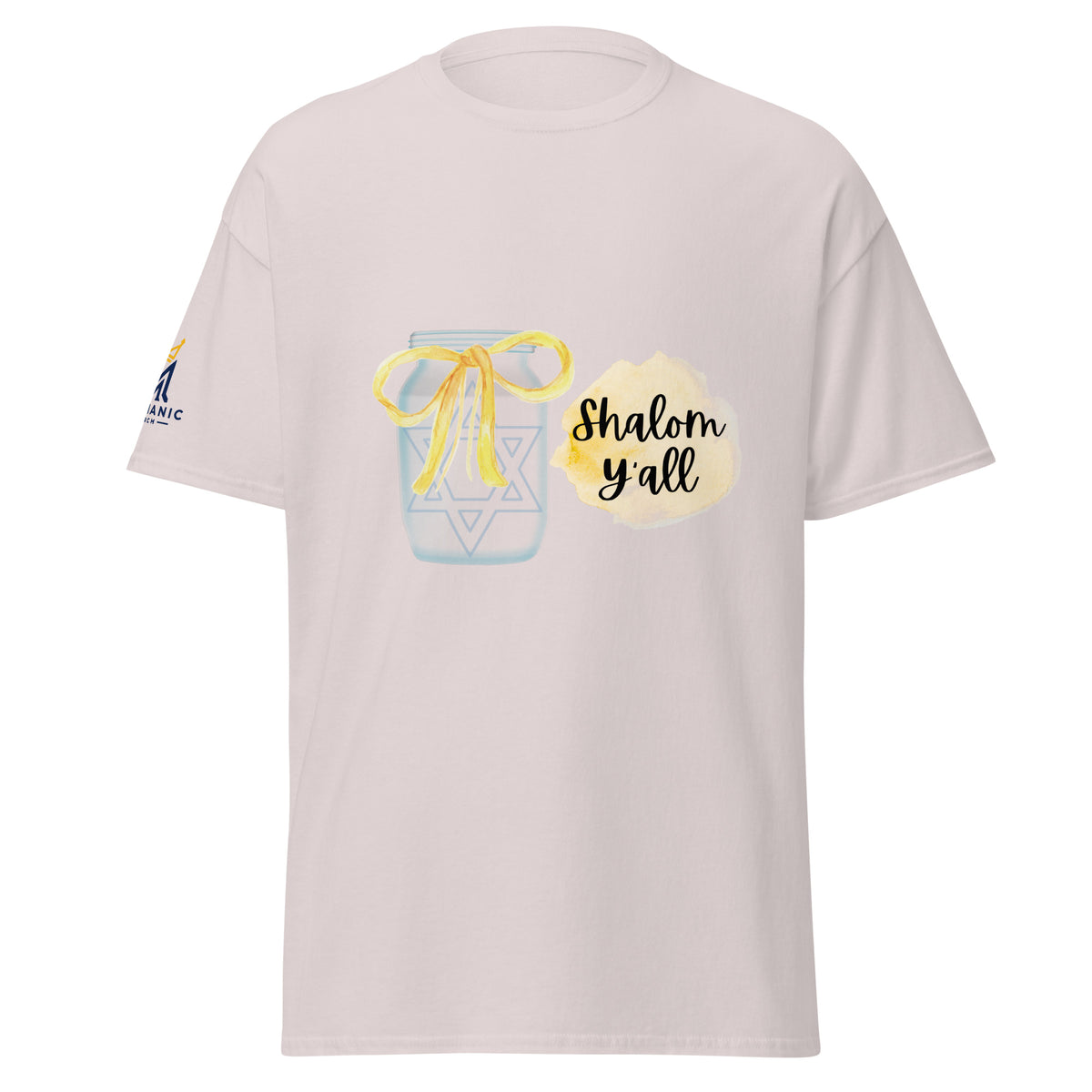 Ice Grey | Front view of the Shalom Y'all women's T-shirt featuring a mason jar with Star of David, yellow watercolor bow and accents, and Messianic Merch sleeve logo.