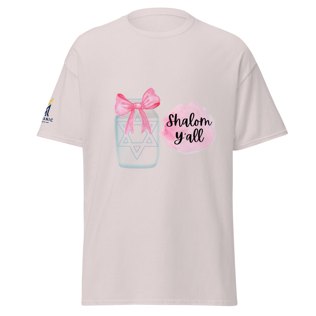 Ice Grey | Front view of the Shalom Y'all women's T-shirt featuring a mason jar with Star of David, pink watercolor bow and accents, and Messianic Merch sleeve logo.