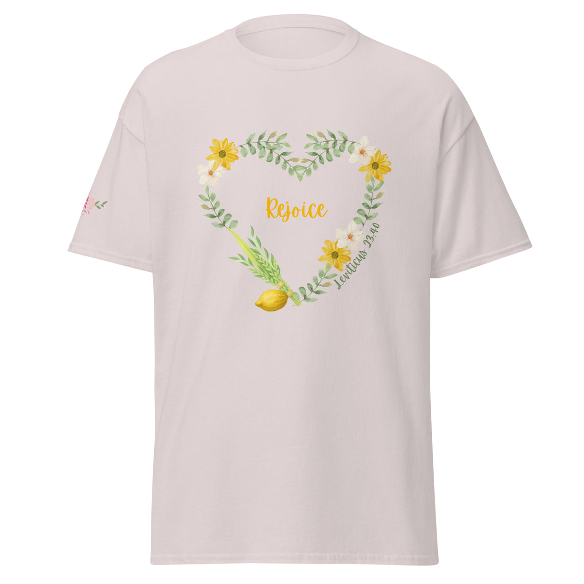 Ice Grey | Front of Women’s Rejoice Sukkot Shirt Leviticus 23:40 featuring watercolor floral heart, lulav and etrog, the word Rejoice and Leviticus 23:40