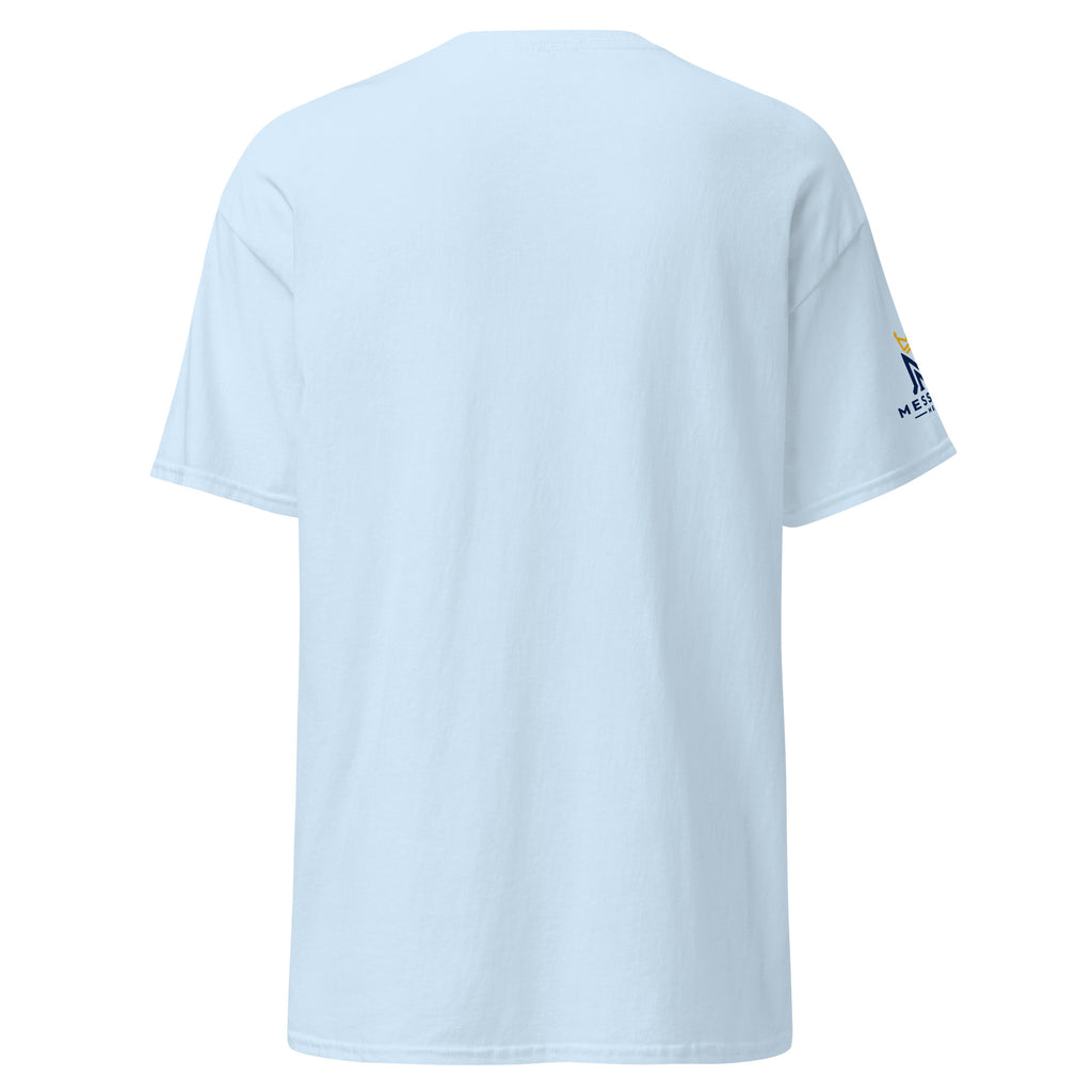 Light Blue | Back view of the Shalom Y'all women's T-shirt featuring Messianic Merch sleeve logo and a  blank background.