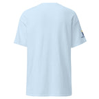 Light Blue | Back view of the Shalom Y'all women's T-shirt featuring Messianic Merch sleeve logo and a  blank background.