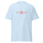 Light Blue | Front view of Clothed in Strength women's faith T-shirt featuring a floral Messianic Merch logo.