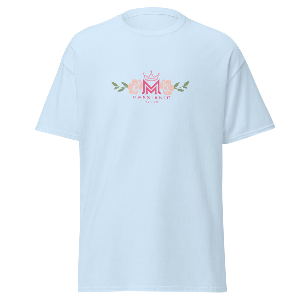 Light Blue | Front view of Clothed in Strength women's faith T-shirt featuring a floral Messianic Merch logo.