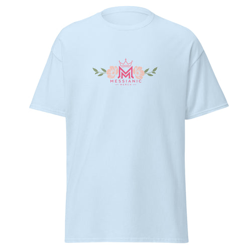 Light Blue | Front view of Clothed in Strength women's faith T-shirt featuring a floral Messianic Merch logo.