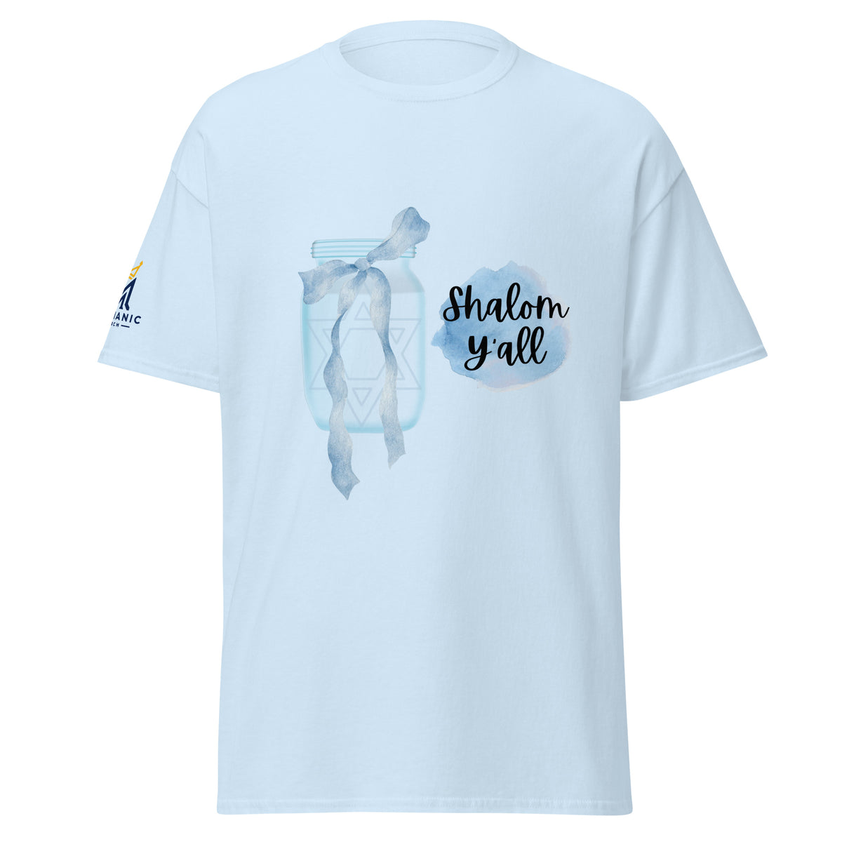 Light Blue | Front view of the Shalom Y'all women's T-shirt featuring a mason jar with Star of David, blue watercolor bow and accents, and Messianic Merch sleeve logo.