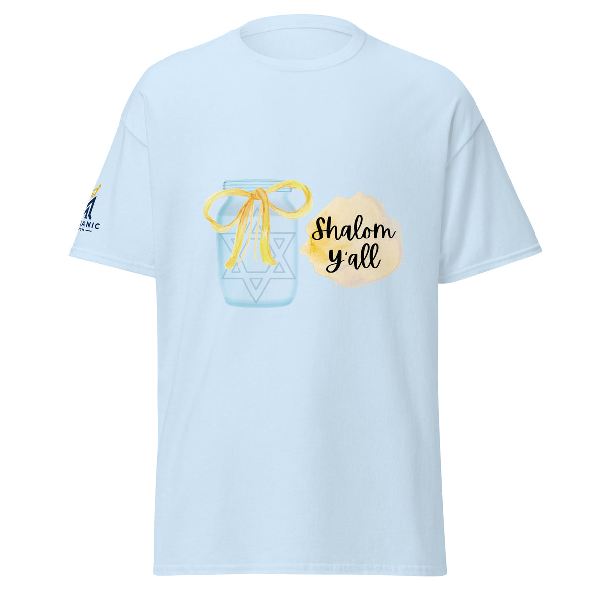 Light Blue | Front view of the Shalom Y'all women's T-shirt featuring a mason jar with Star of David, yellow watercolor bow and accents, and Messianic Merch sleeve logo.