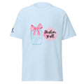 Light Blue | Front view of the Shalom Y'all women's T-shirt featuring a mason jar with Star of David, pink watercolor bow and accents, and Messianic Merch sleeve logo.