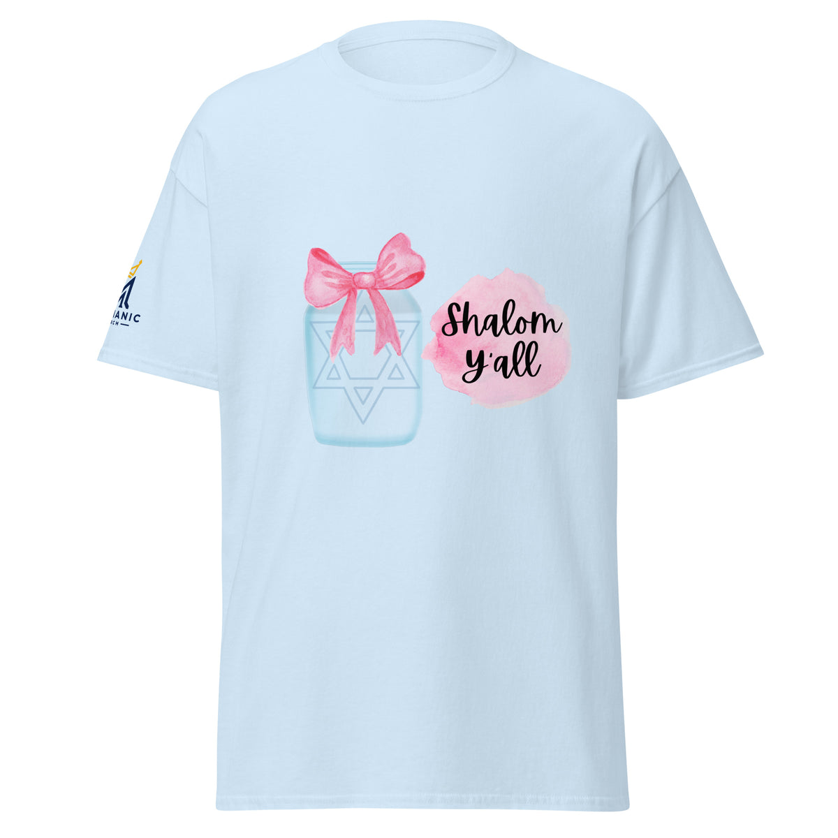 Light Blue | Front view of the Shalom Y'all women's T-shirt featuring a mason jar with Star of David, pink watercolor bow and accents, and Messianic Merch sleeve logo.