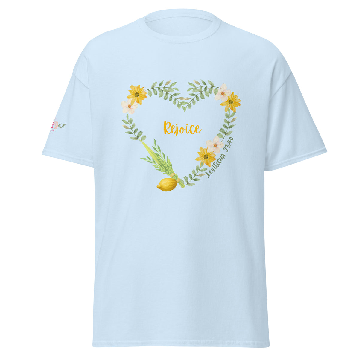 Light Blue | Front of Women’s Rejoice Sukkot Shirt Leviticus 23:40 featuring watercolor floral heart, lulav and etrog, the word Rejoice and Leviticus 23:40