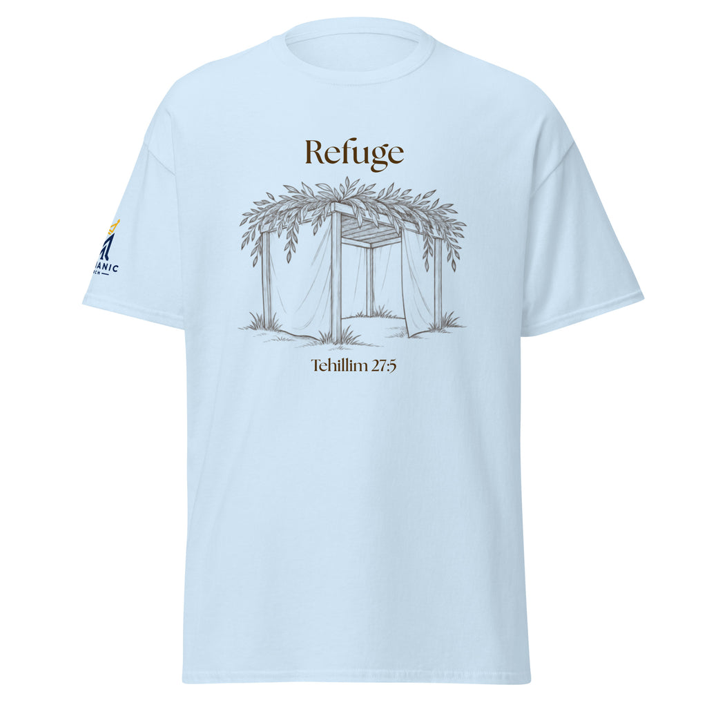 Light Blue | Front of Refuge Sukkot shirt design with hand-drawn sukkah and Tehillim 27:5