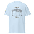 Light Blue | Front of Refuge Sukkot shirt design with hand-drawn sukkah and Tehillim 27:5