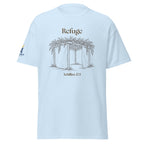 Light Blue | Front of Refuge Sukkot shirt design with hand-drawn sukkah and Tehillim 27:5