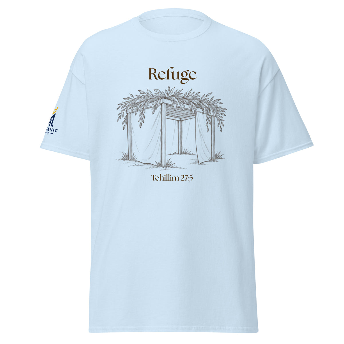 Light Blue | Front of Refuge Sukkot shirt design with hand-drawn sukkah and Tehillim 27:5