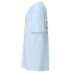 Light Blue | Left side profile of the Clothed in Strength women's faith T-shirt highlighting the left sleeve.