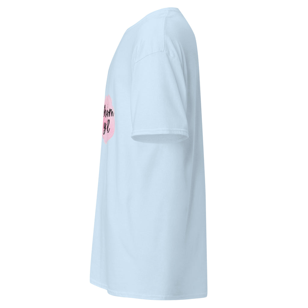 Light Blue | Left side profile of the Shalom Y'all women's T-shirt highlighting the left sleeve.