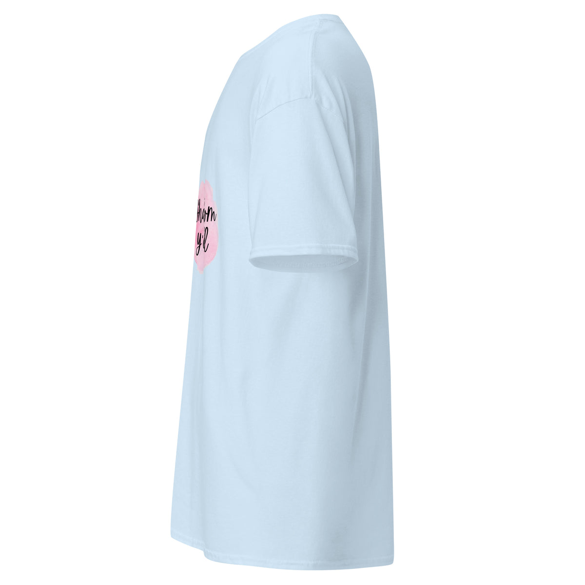 Light Blue | Left side profile of the Shalom Y'all women's T-shirt highlighting the left sleeve.