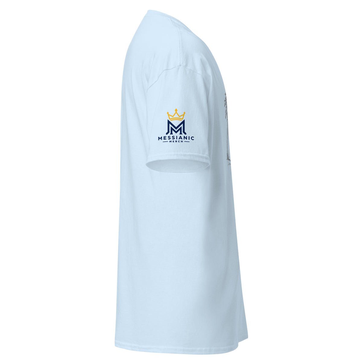 Light Blue | Right view of Refuge Sukkot shirt displaying right sleeve with Messianic Merch logo