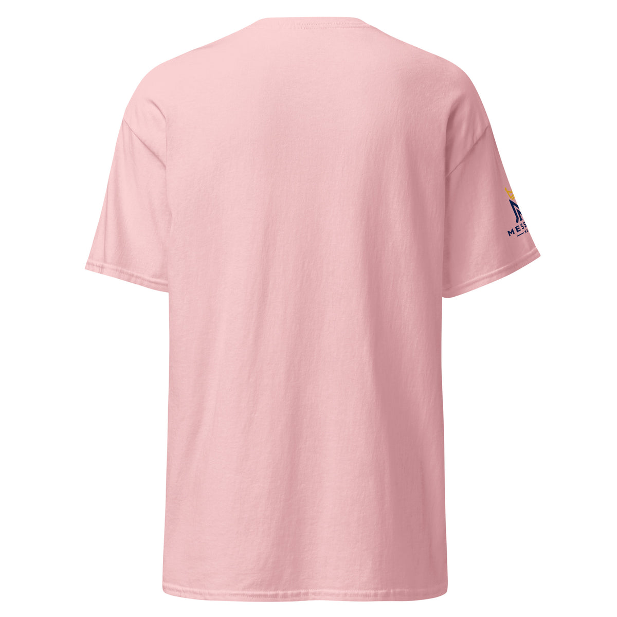 Light Pink | Back view of the Shalom Y'all women's T-shirt featuring Messianic Merch sleeve logo and a  blank background.