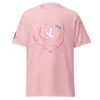 Light Pink | Front view of the Ruach women's faith T-shirt featuring a white dove, flowing pink Spirit imagery, Hebrew word רוח, and Messianic Merch sleeve logo.