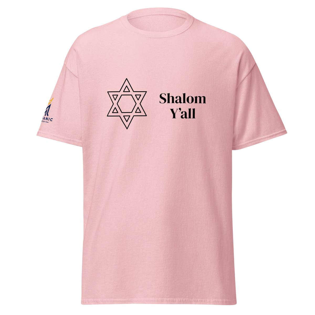 Light Pink | Front view of Shalom Y'all unisex T-shirt featuring a Star of David graphic and Messianic Merch logo printed on the sleeve.