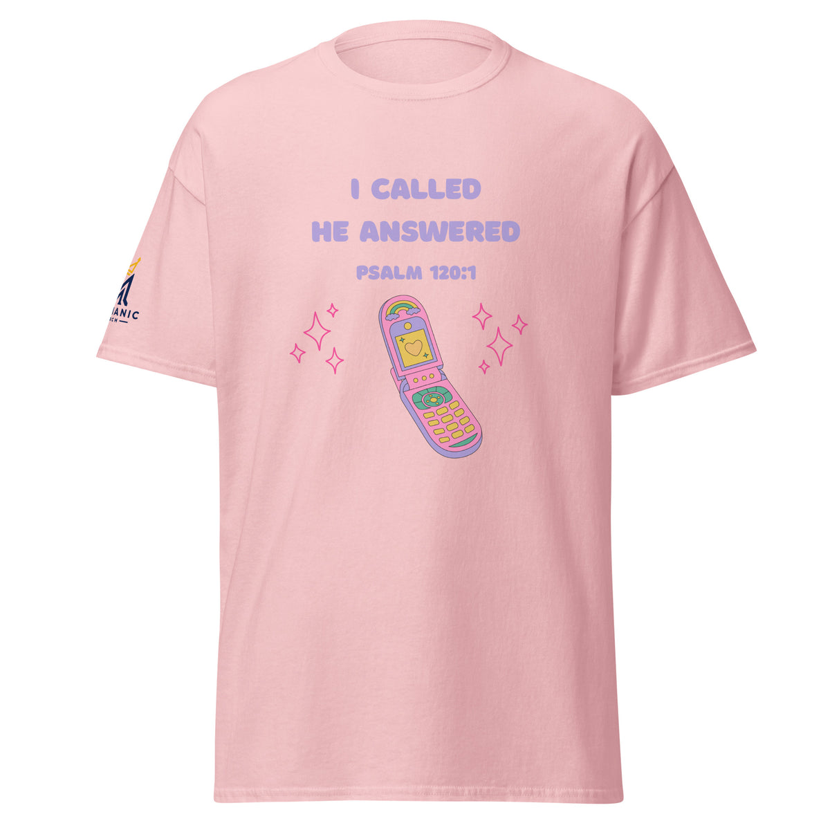 Light Pink | Front view of the women's Psalm 120:1 faith T-shirt featuring “I Called, He Answered,” a colorful Y2K flip phone graphic, and Messianic Merch sleeve logo.