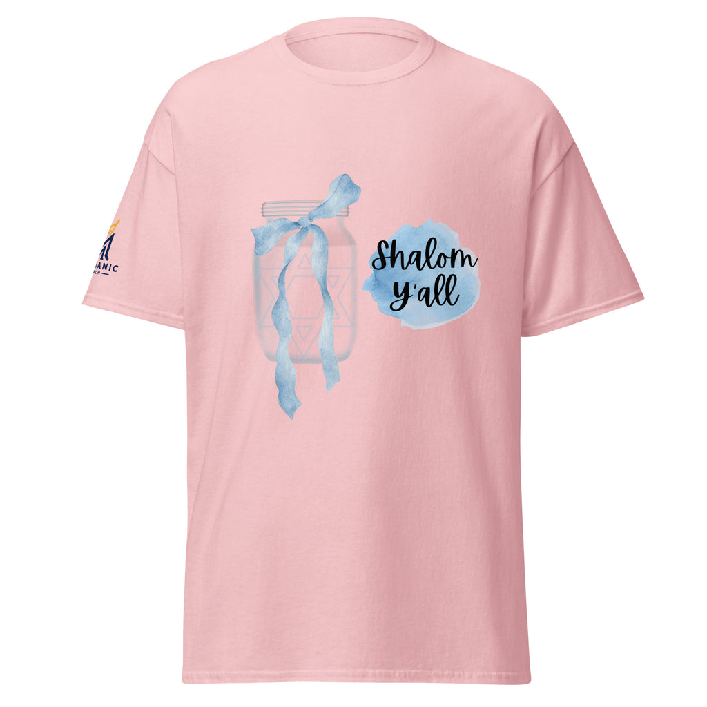 Light Pink | Front view of the Shalom Y'all women's T-shirt featuring a mason jar with Star of David, blue watercolor bow and accents, and Messianic Merch sleeve logo.