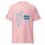 Light Pink | Front view of the Shalom Y'all women's T-shirt featuring a mason jar with Star of David, blue watercolor bow and accents, and Messianic Merch sleeve logo.