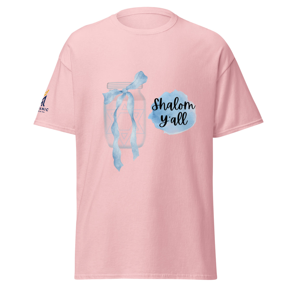 Light Pink | Front view of the Shalom Y'all women's T-shirt featuring a mason jar with Star of David, blue watercolor bow and accents, and Messianic Merch sleeve logo.