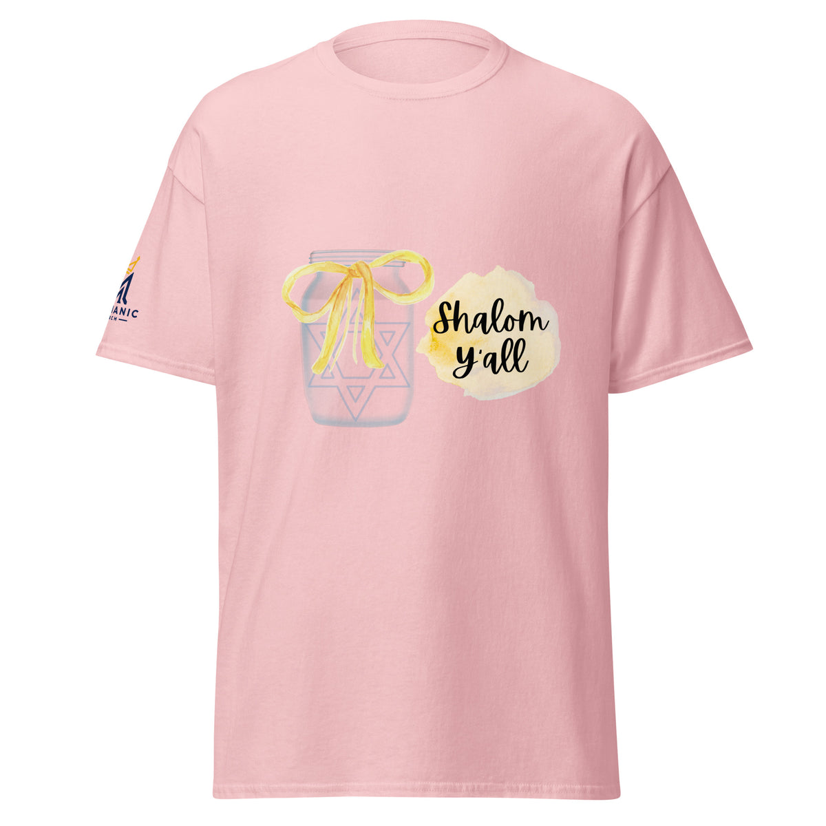 Light Pink | Front view of the Shalom Y'all women's T-shirt featuring a mason jar with Star of David, yellow watercolor bow and accents, and Messianic Merch sleeve logo.