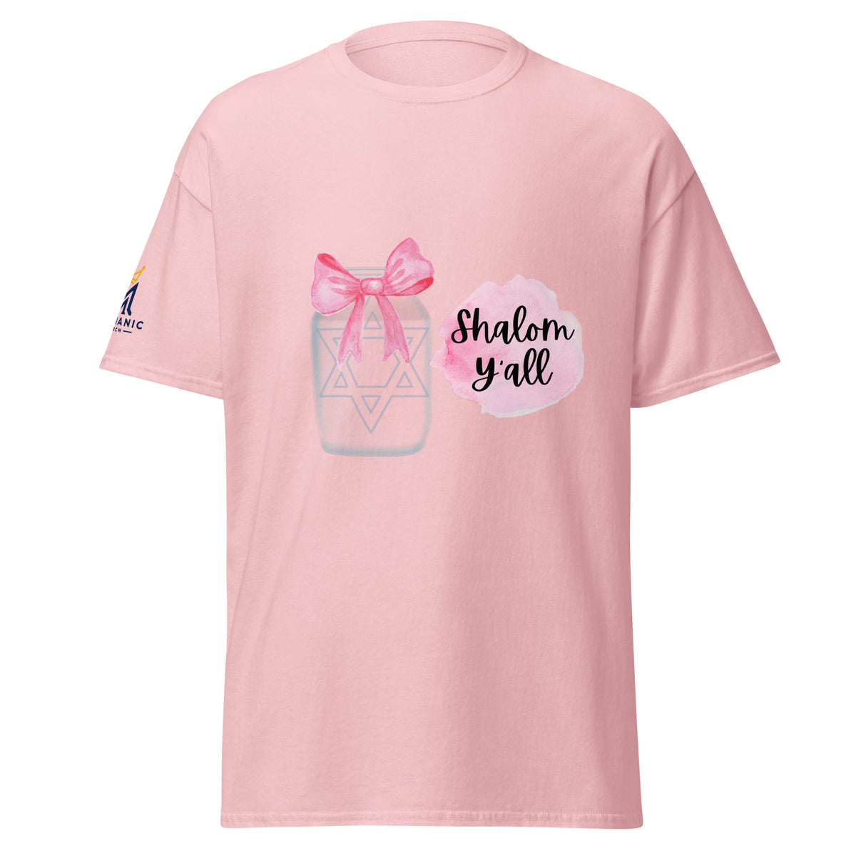 Light Pink | Front view of the Shalom Y'all women's T-shirt featuring a mason jar with Star of David, pink watercolor bow and accents, and Messianic Merch sleeve logo.
