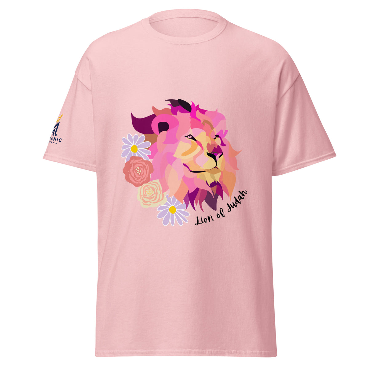Light Pink | Front view of the Lion of Judah women's faith T-shirt featuring a colorful pink and purple lion surrounded by flowers with a Messianic Merch sleeve logo.