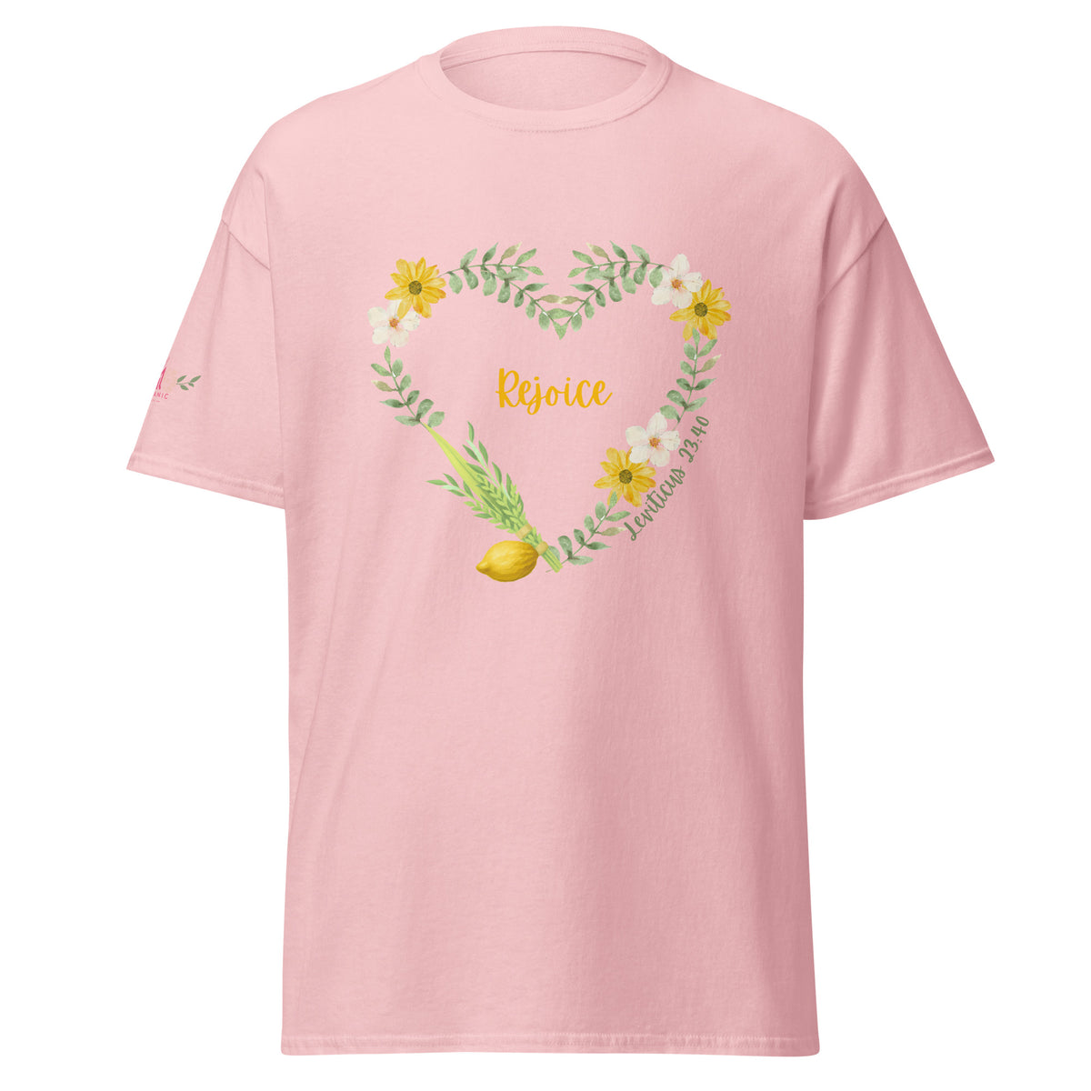 Light Pink | Front of Women’s Rejoice Sukkot Shirt Leviticus 23:40 featuring watercolor floral heart, lulav and etrog, the word Rejoice and Leviticus 23:40