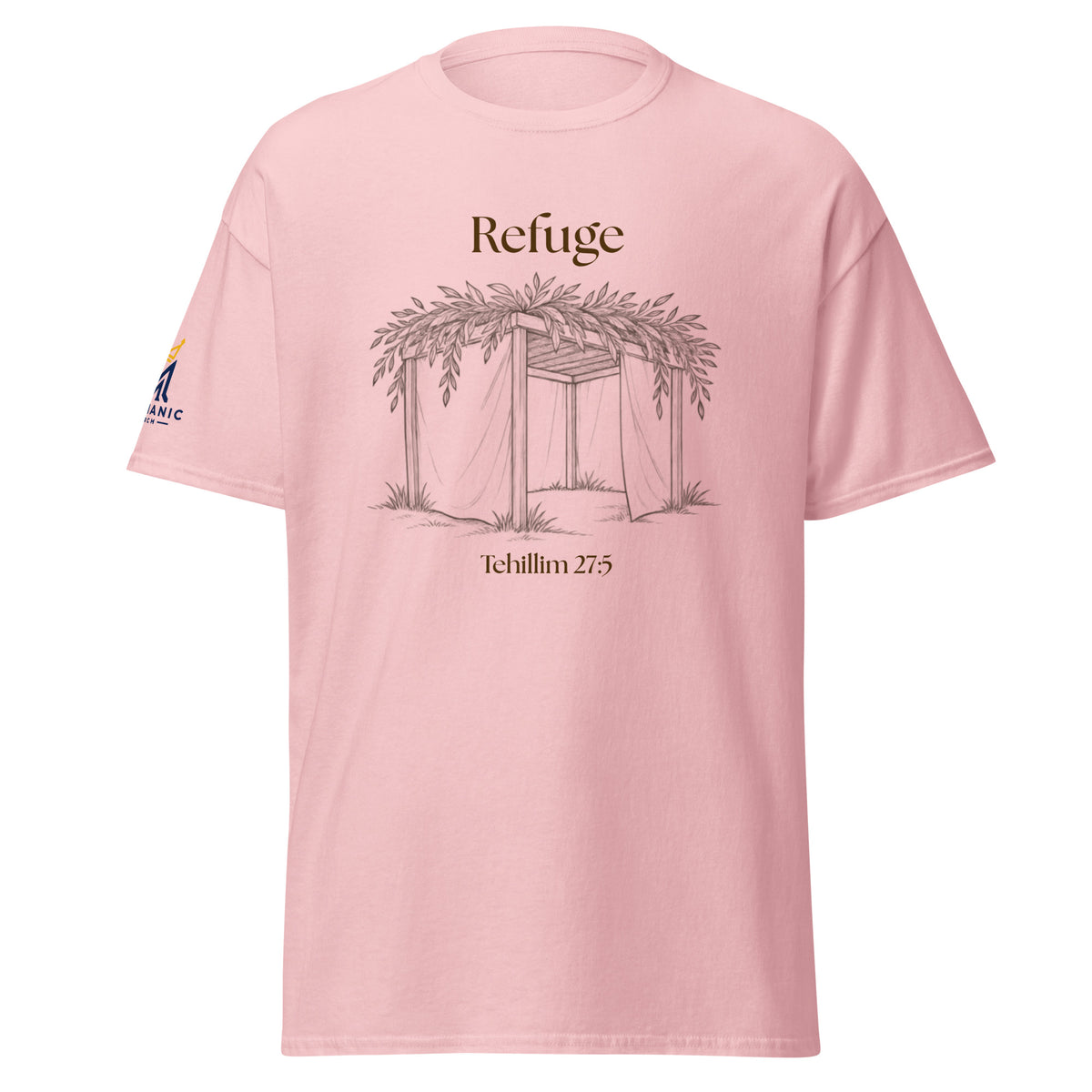 Light Pink | Front of Refuge Sukkot shirt design with hand-drawn sukkah and Tehillim 27:5