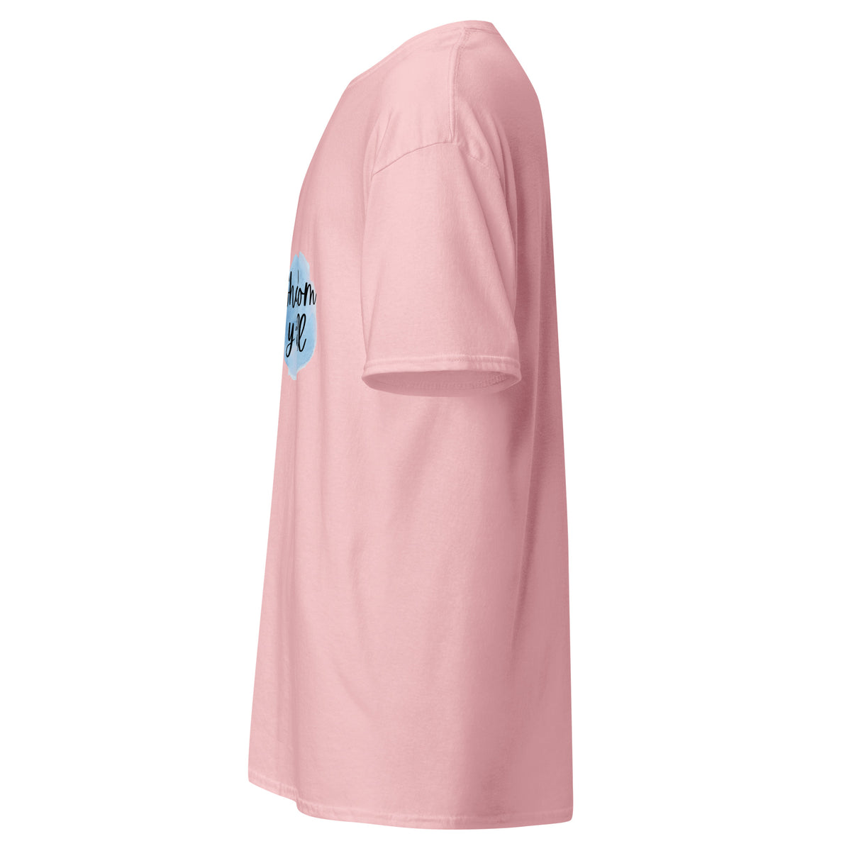 Light Pink | Left side profile of the Shalom Y'all women's T-shirt highlighting the left sleeve.
