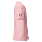 Light Pink | Right close up of the Shalom Y'all women's T-shirt sleeve and Messianic Merch logo.