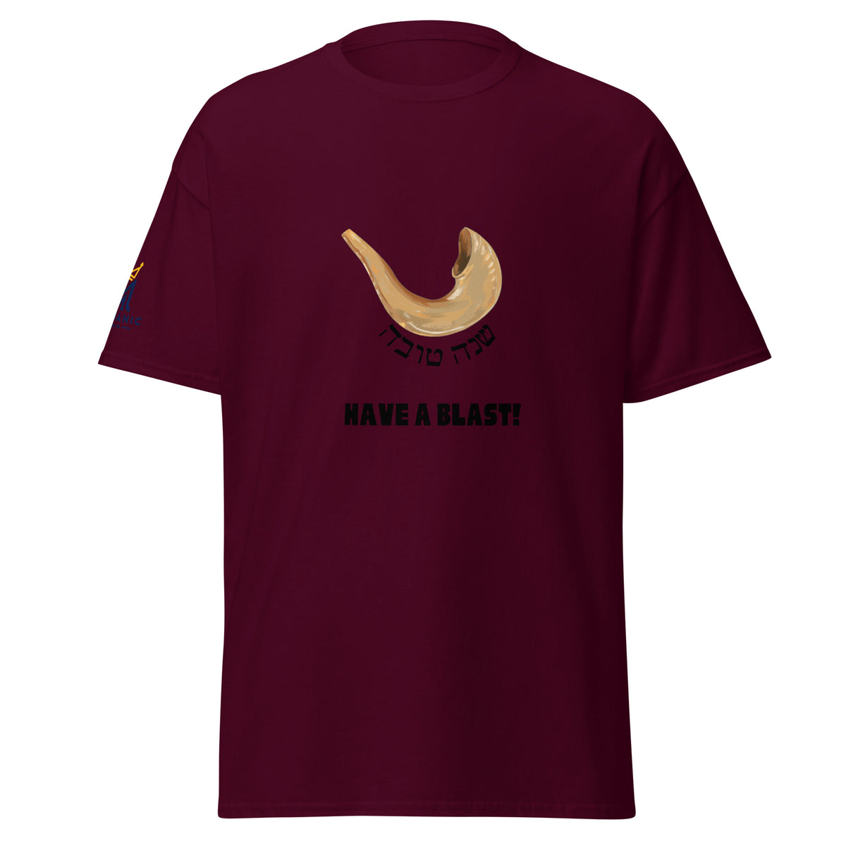 Maroon | Have a Blast Rosh Hashanah Shofar Shirt featuring shirt design with Shana Tova in Hebrew and Have a Blast text