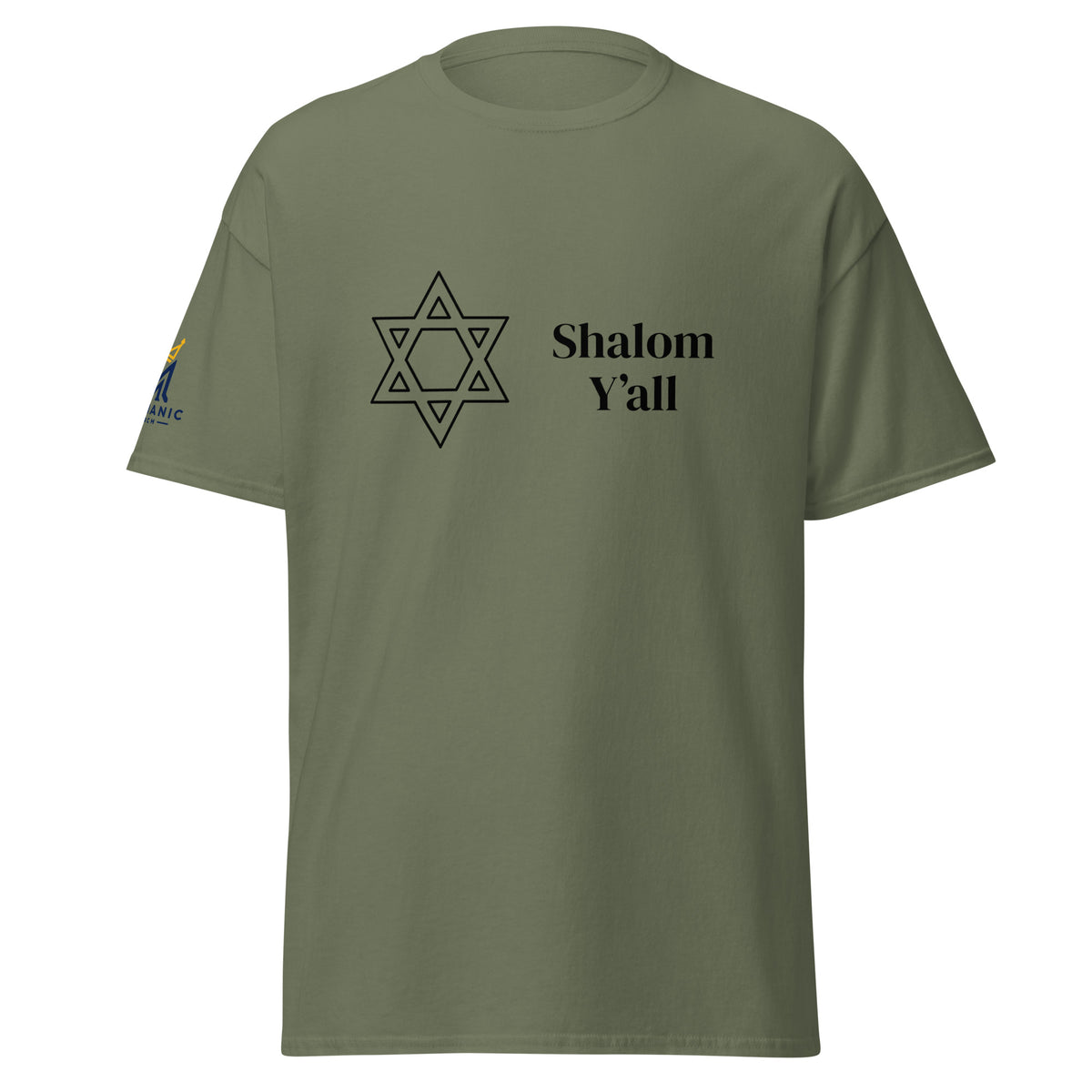 Military Green | Front view of Shalom Y'all unisex T-shirt featuring a Star of David graphic and Messianic Merch logo printed on the sleeve.
