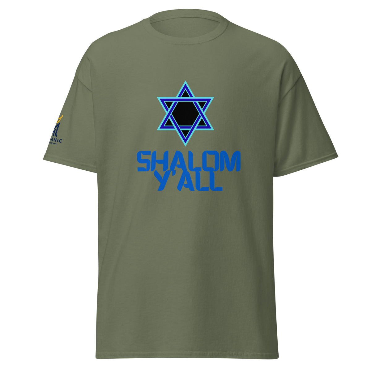 Military Green | Front view of men’s Shalom Y’all T-shirt featuring a blue Star of David graphic, bold blue lettering, and Messianic Merch logo printed on the sleeve.